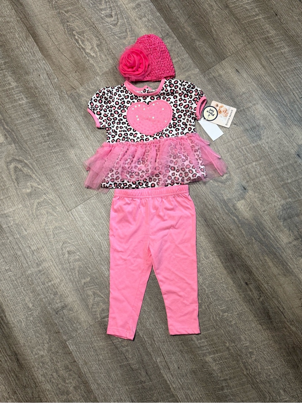 Buster Brown Pink Leopard Heart Tutu Set with Flower Hat B9